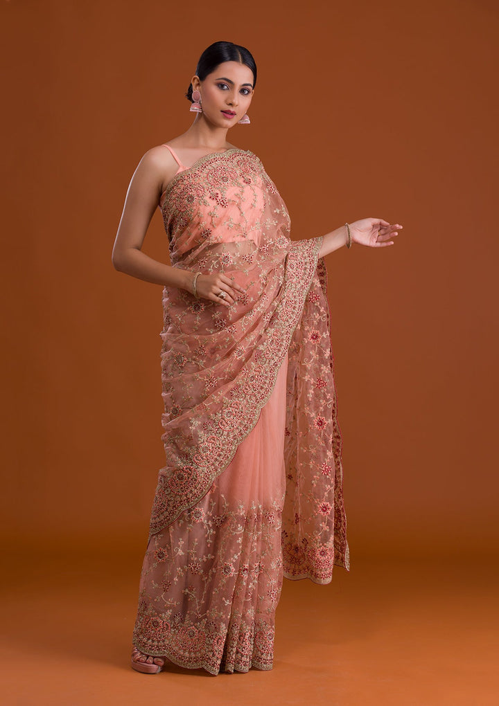 Peach Zariwork Net Saree-Koskii