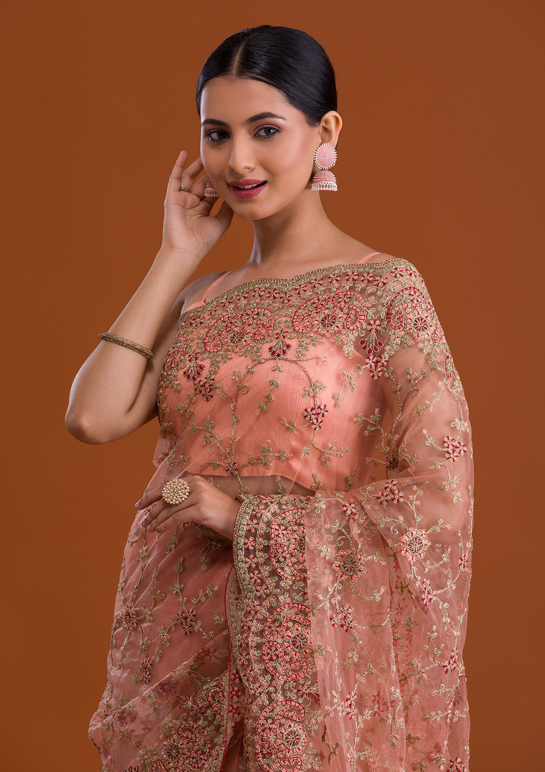 Peach Zariwork Net Saree-Koskii
