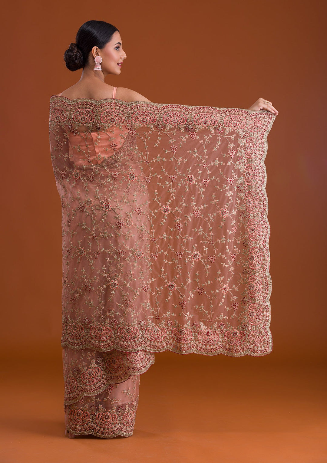 Peach Zariwork Net Saree-Koskii
