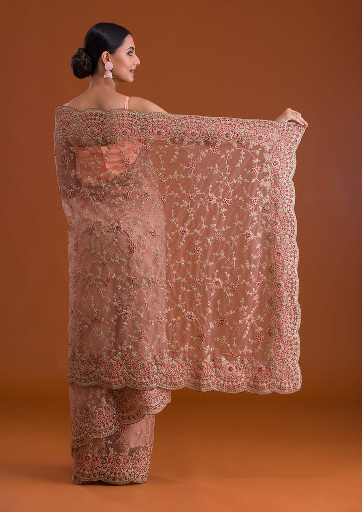 Peach Zariwork Net Saree-Koskii
