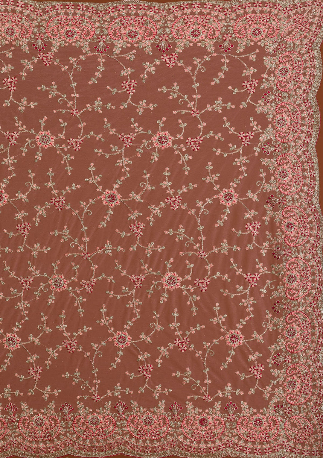 Peach Zariwork Net Saree-Koskii