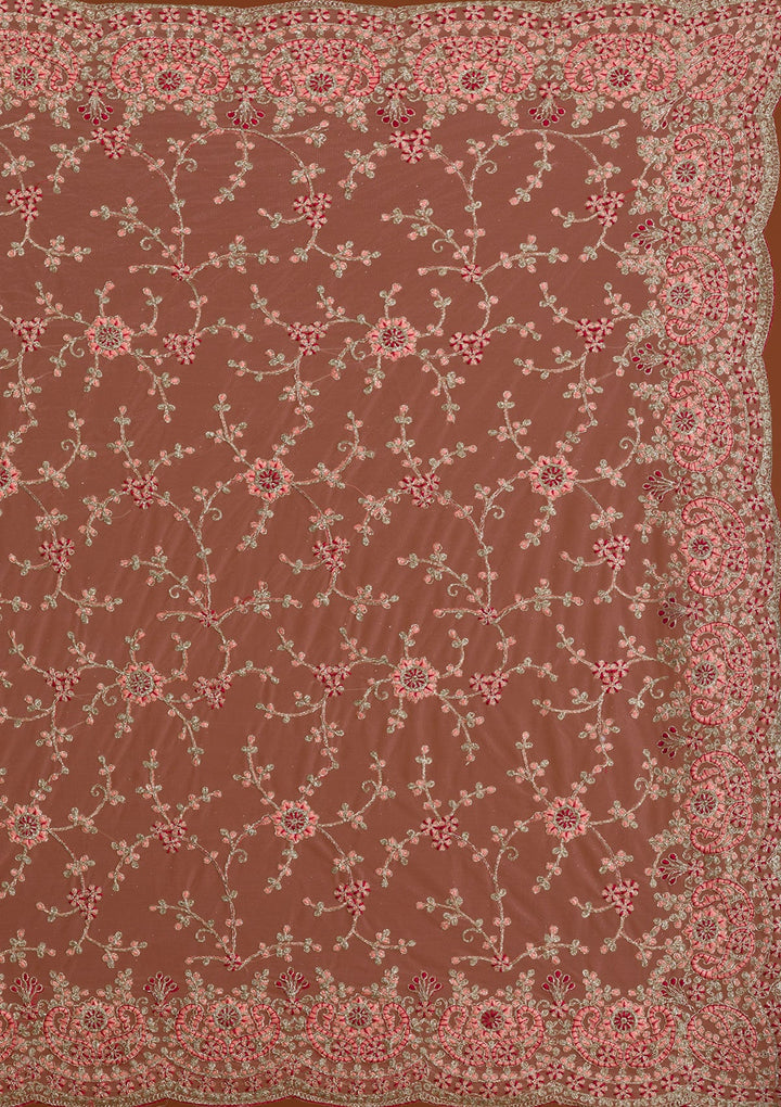 Peach Zariwork Net Saree-Koskii