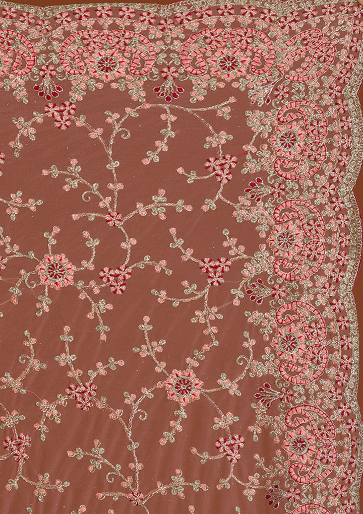 Peach Zariwork Net Saree-Koskii