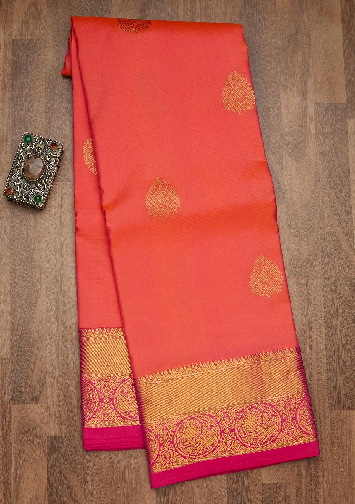 Peach Zariwork Pure Silk Saree-Koskii