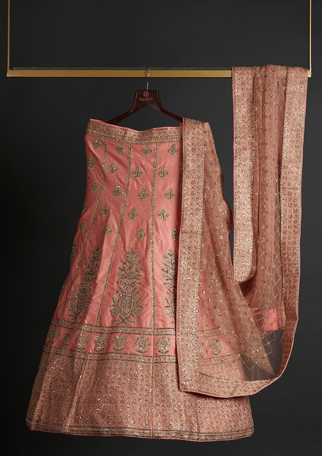 Peach Zariwork Raw Silk Designer Semi-Stitched Lehenga - koskii
