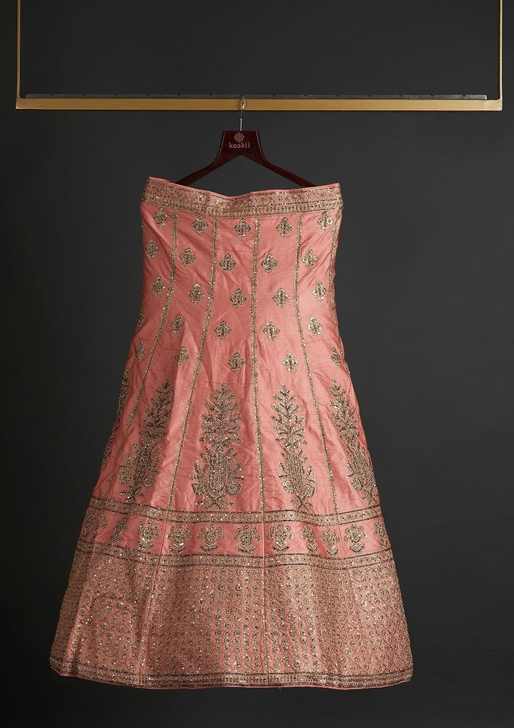 Peach Zariwork Raw Silk Designer Semi-Stitched Lehenga - koskii
