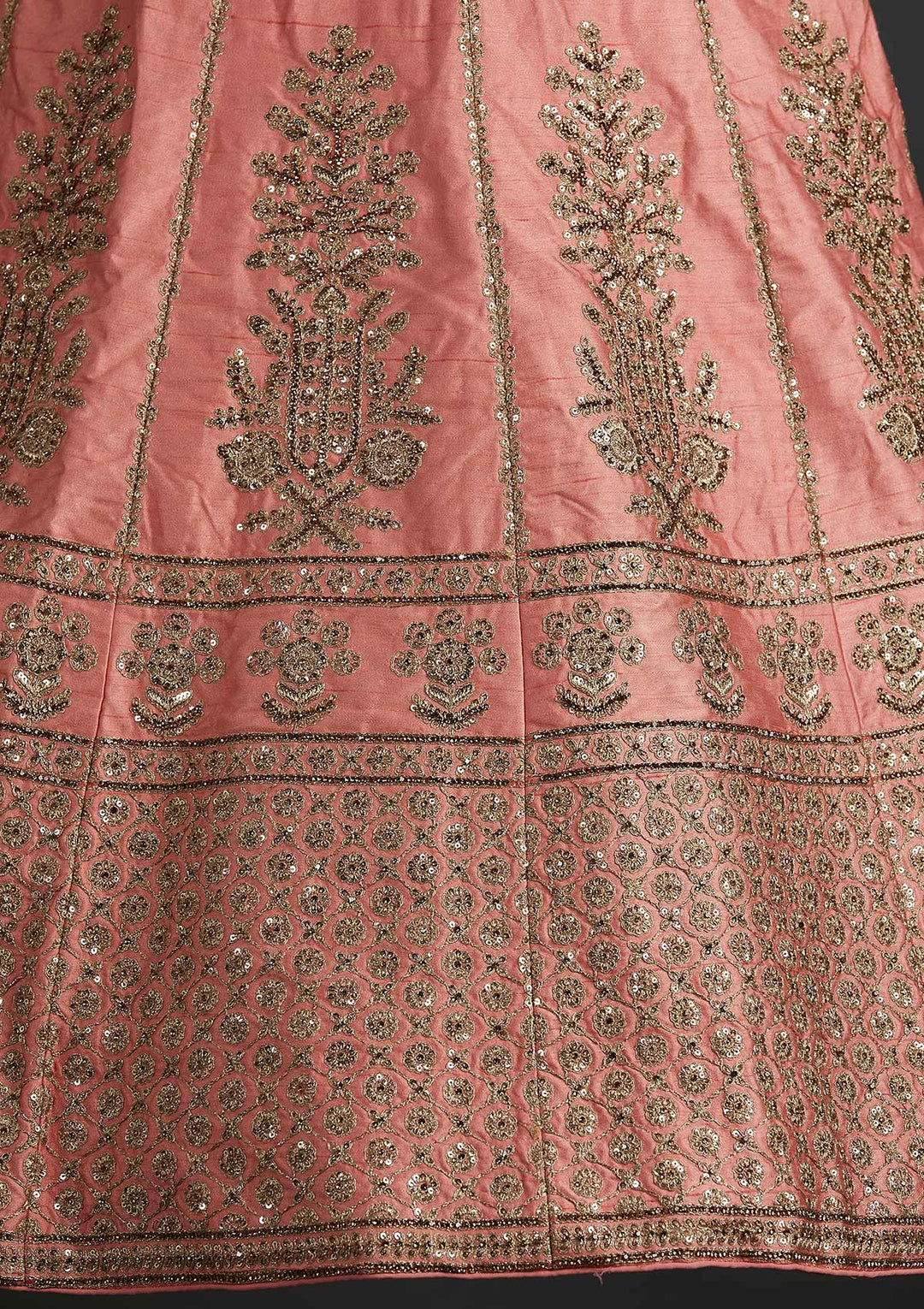 Peach Zariwork Raw Silk Designer Semi-Stitched Lehenga - koskii
