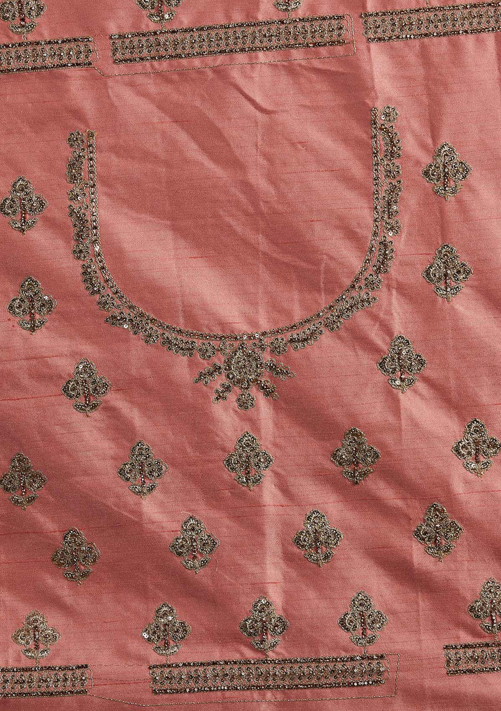 Peach Zariwork Raw Silk Designer Semi-Stitched Lehenga - koskii