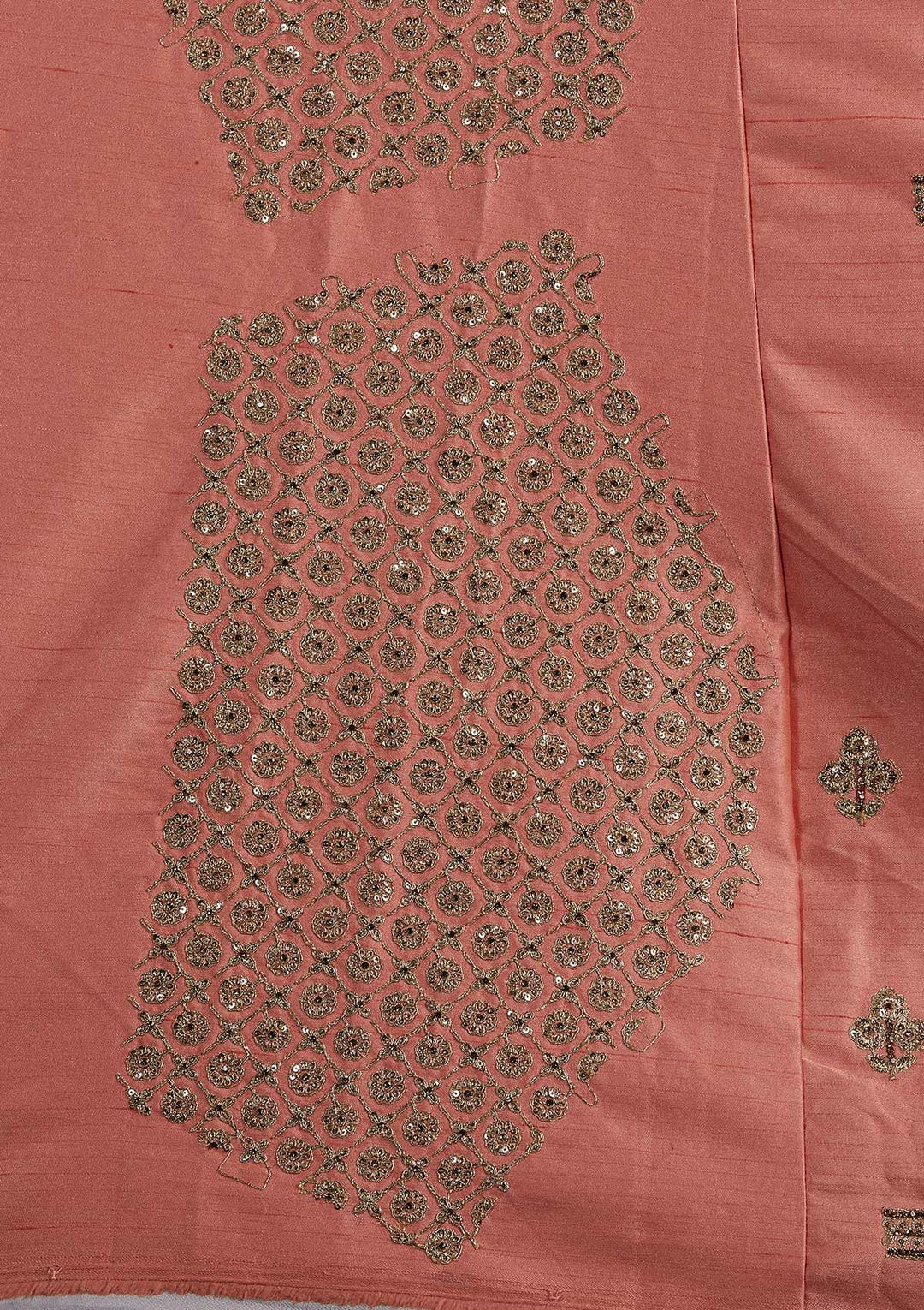 Peach Zariwork Raw Silk Designer Semi-Stitched Lehenga - koskii