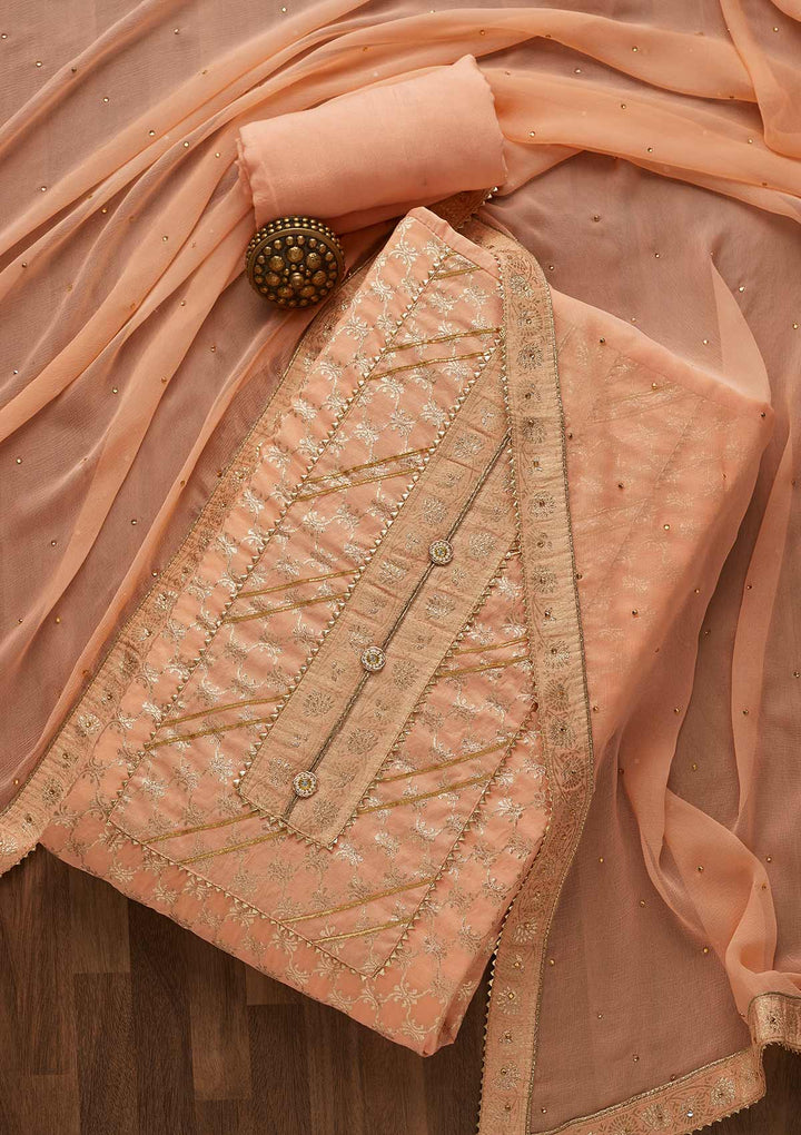 Peach Zariwork Raw Silk Unstitched Salwar Suit-Koskii