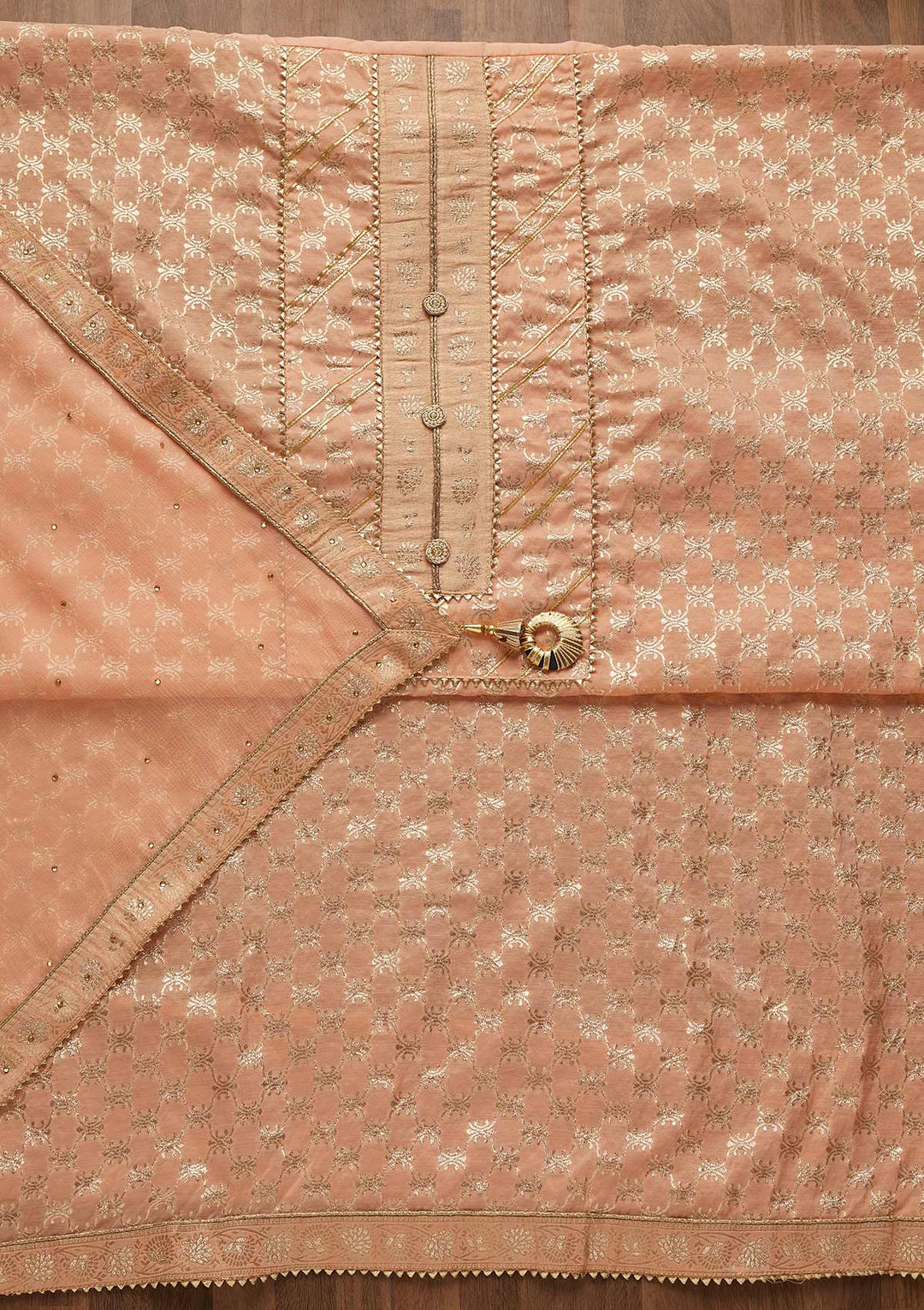 Peach Zariwork Raw Silk Unstitched Salwar Suit-Koskii