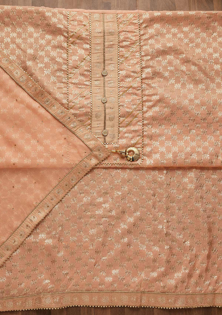 Peach Zariwork Raw Silk Unstitched Salwar Suit-Koskii