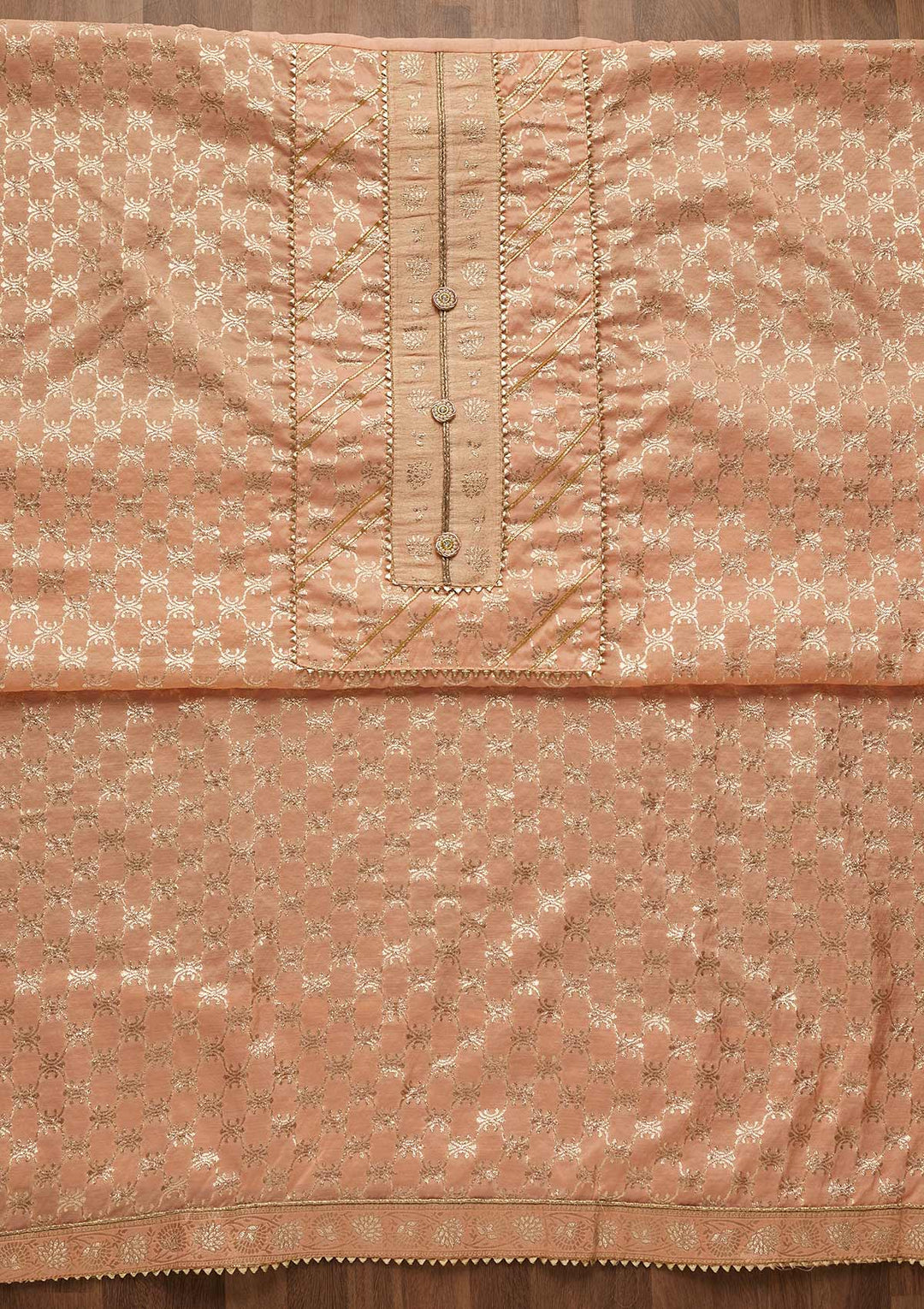 Peach Zariwork Raw Silk Unstitched Salwar Suit-Koskii