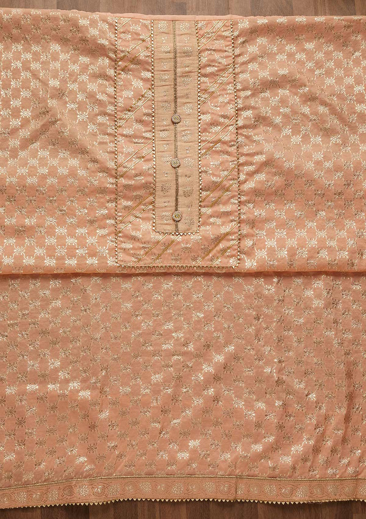 Peach Zariwork Raw Silk Unstitched Salwar Suit-Koskii