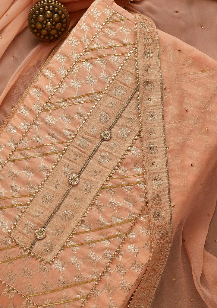 Peach Zariwork Raw Silk Unstitched Salwar Suit-Koskii