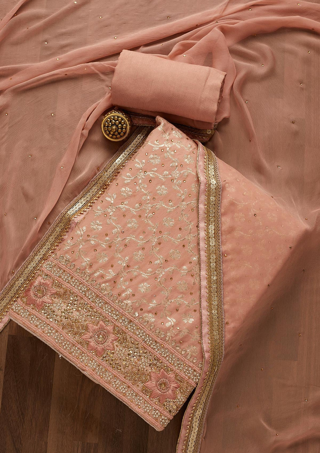 Peach Zariwork Raw Silk Unstitched Salwar Suit-Koskii