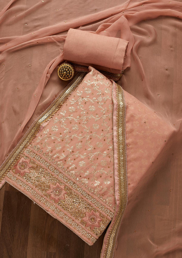 Peach Zariwork Raw Silk Unstitched Salwar Suit-Koskii