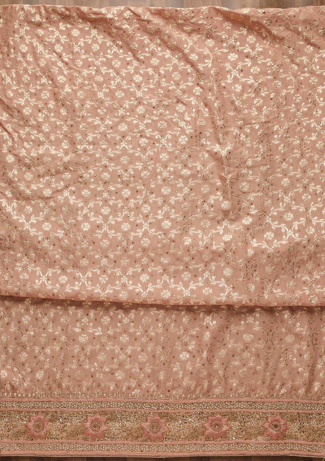 Peach Zariwork Raw Silk Unstitched Salwar Suit-Koskii