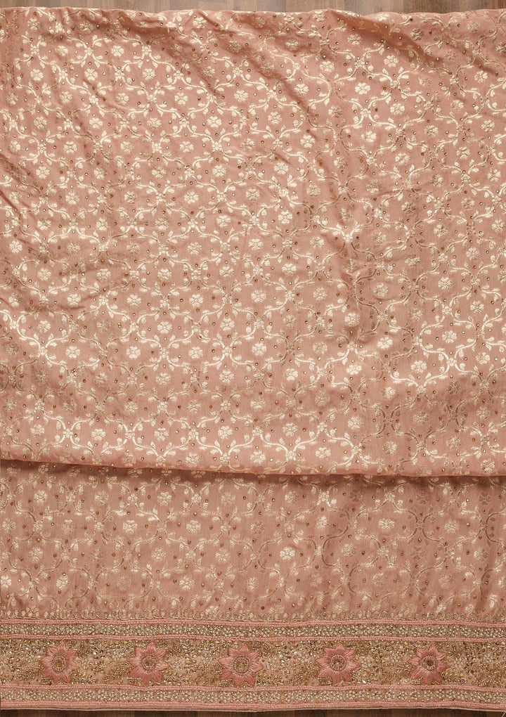 Peach Zariwork Raw Silk Unstitched Salwar Suit-Koskii