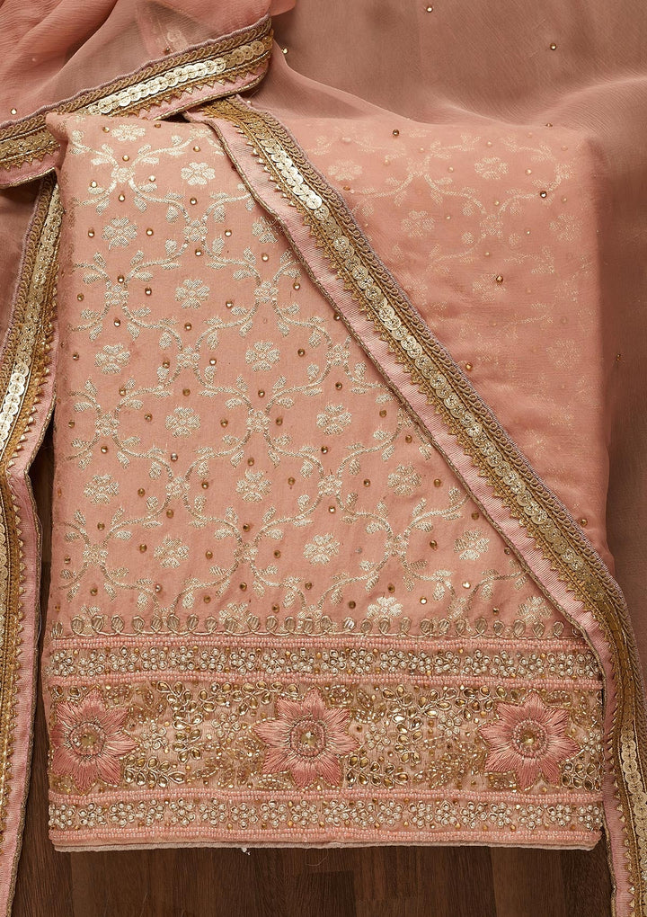 Peach Zariwork Raw Silk Unstitched Salwar Suit-Koskii
