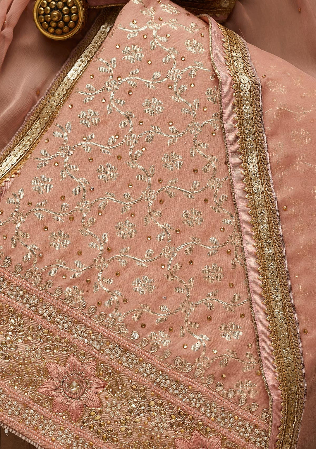 Peach Zariwork Raw Silk Unstitched Salwar Suit-Koskii