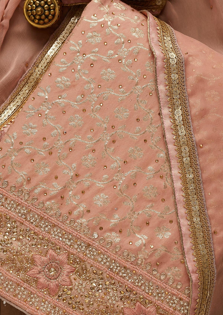 Peach Zariwork Raw Silk Unstitched Salwar Suit-Koskii