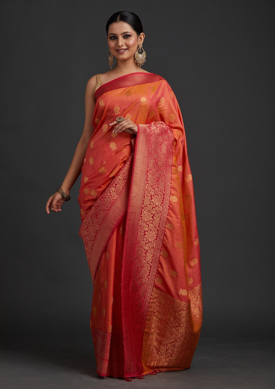 Peach Zariwork Raw Silk Designer Saree - koskii