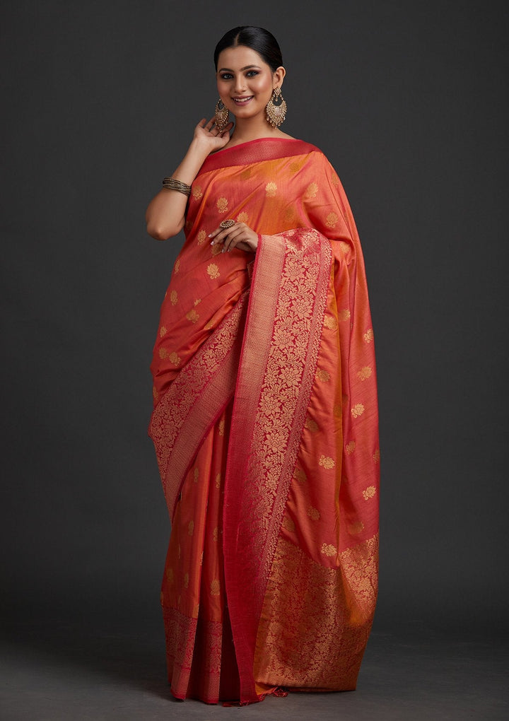 Peach Zariwork Raw Silk Designer Saree - koskii