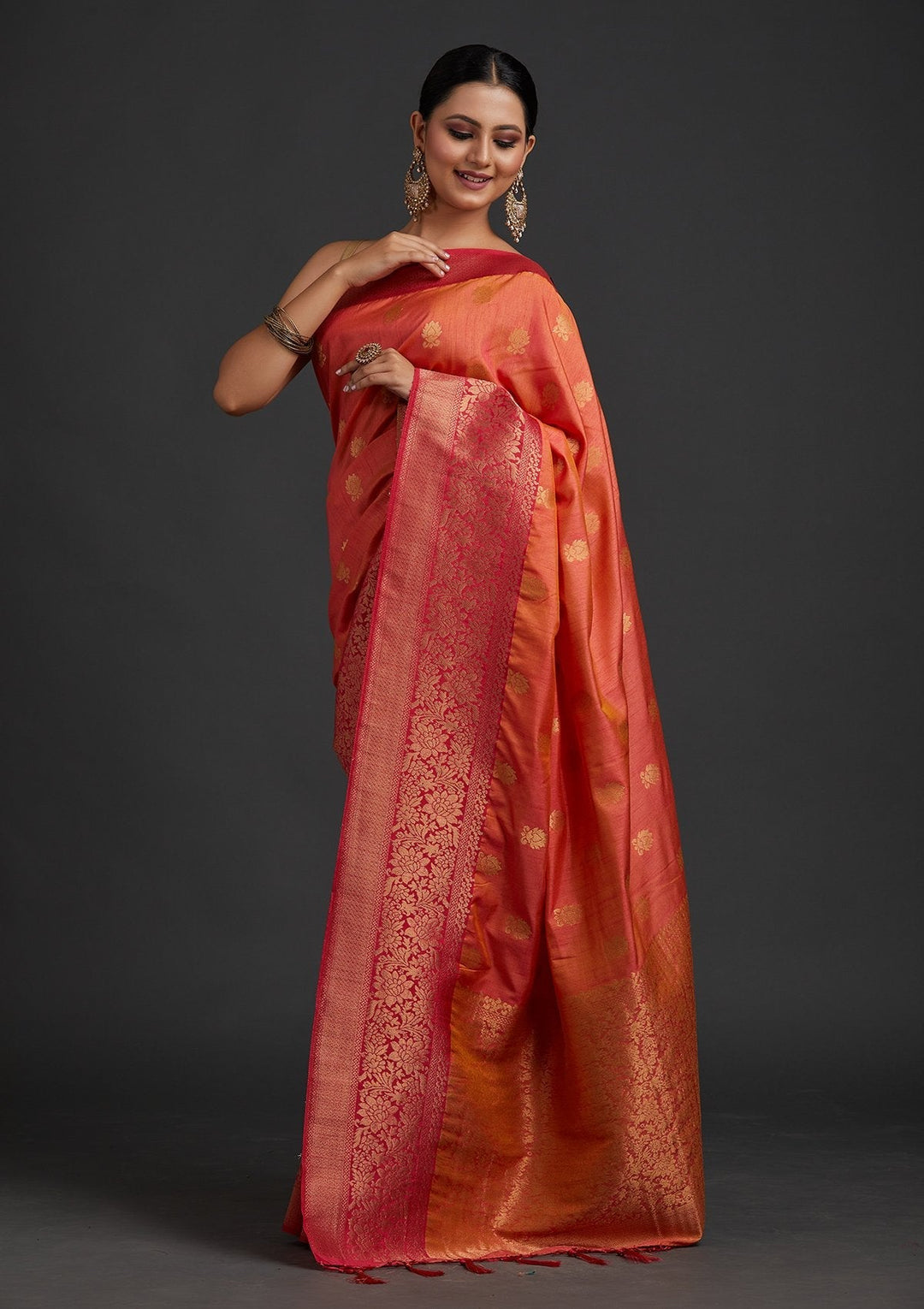 Peach Zariwork Raw Silk Designer Saree - koskii