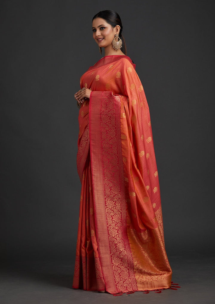 Peach Zariwork Raw Silk Designer Saree - koskii