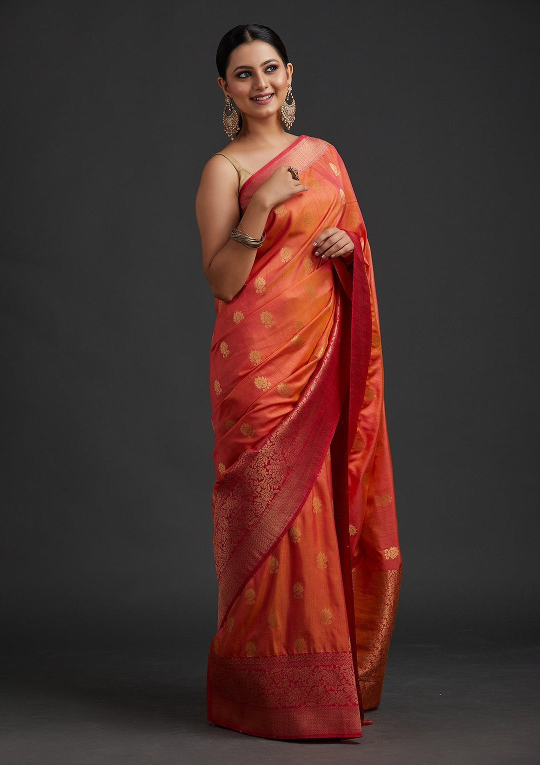 Peach Zariwork Raw Silk Designer Saree - koskii