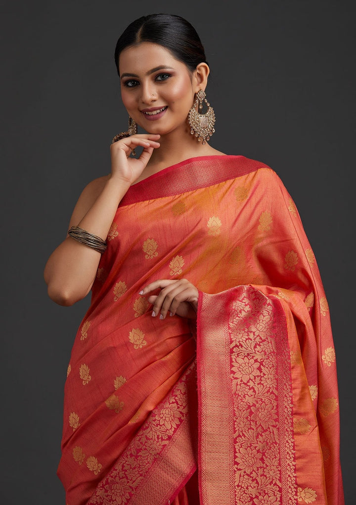 Peach Zariwork Raw Silk Designer Saree - koskii