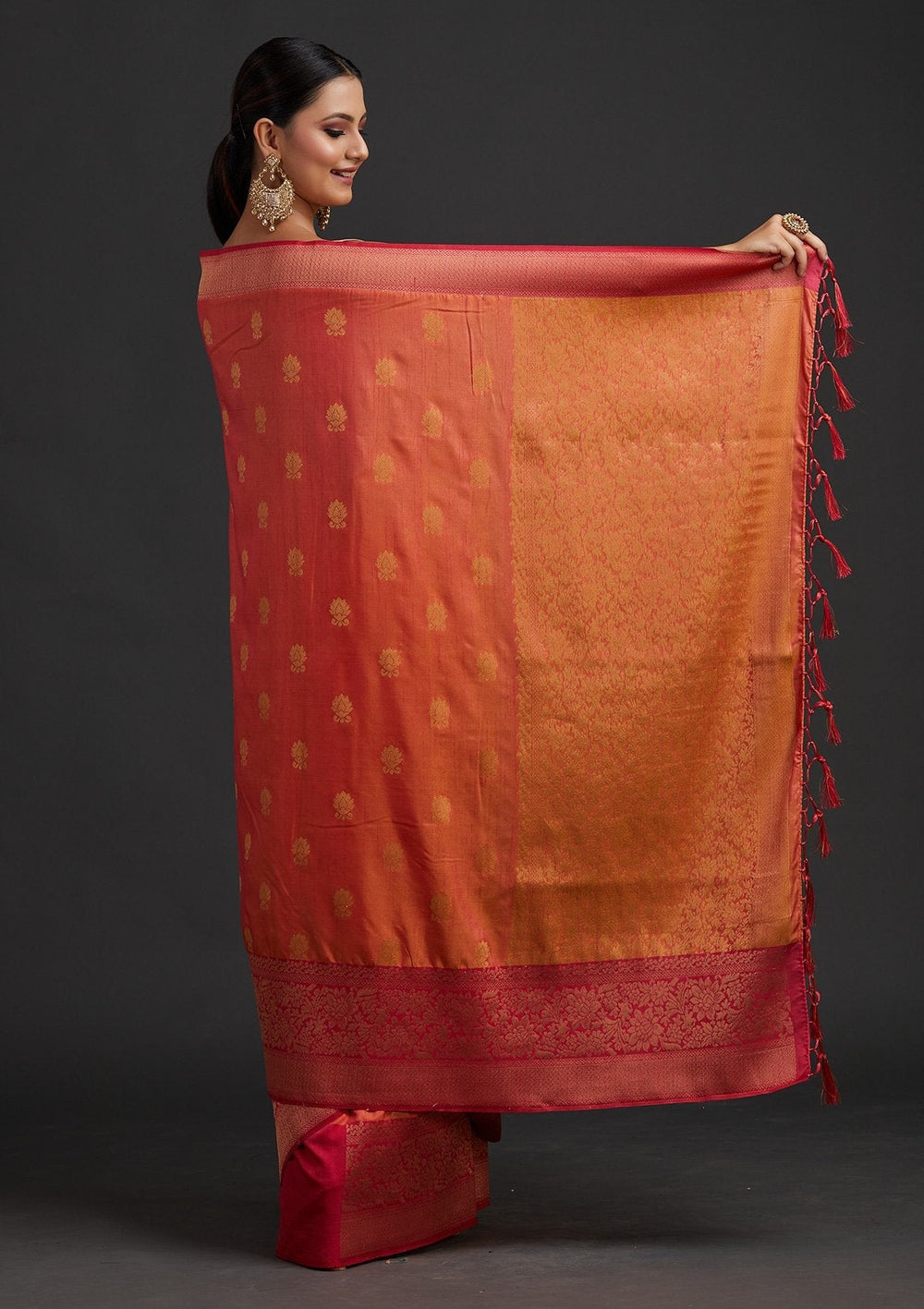 Peach Zariwork Raw Silk Designer Saree - koskii