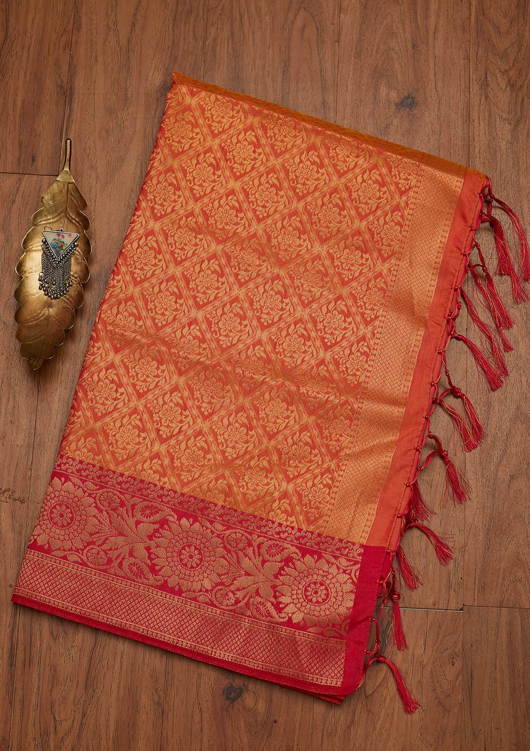 Peach Zariwork Raw Silk Designer Saree - koskii