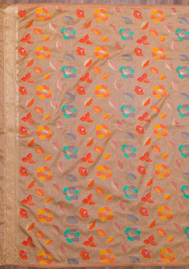 Peach Zariwork Raw Silk Saree-Koskii