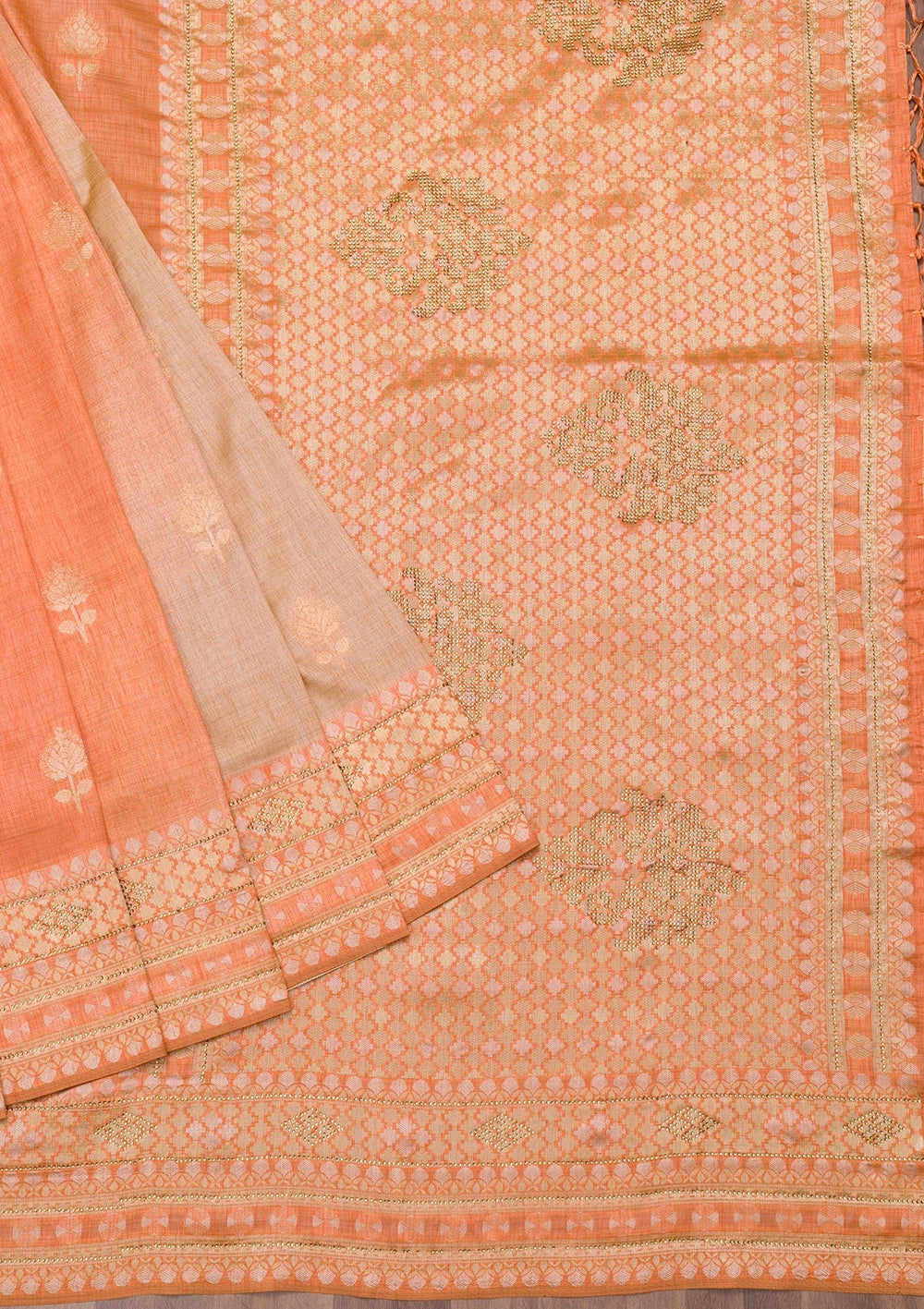 Peach Zariwork Raw Silk Saree-Koskii