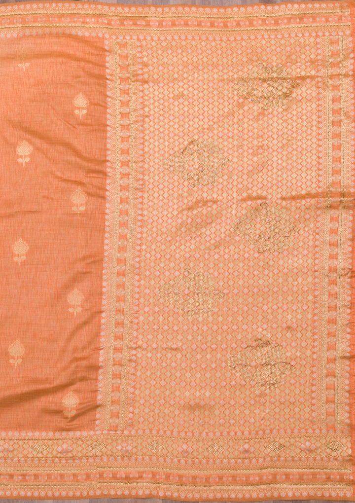 Peach Zariwork Raw Silk Saree-Koskii