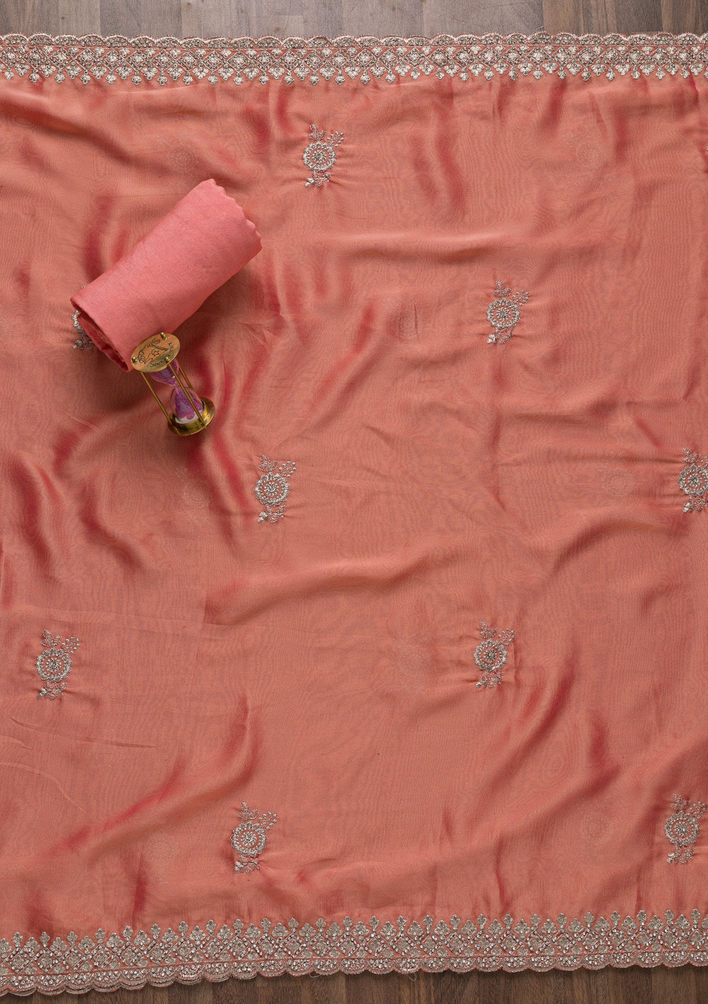 Peach Zariwork Satin Unstitched Salwar Suit-Koskii