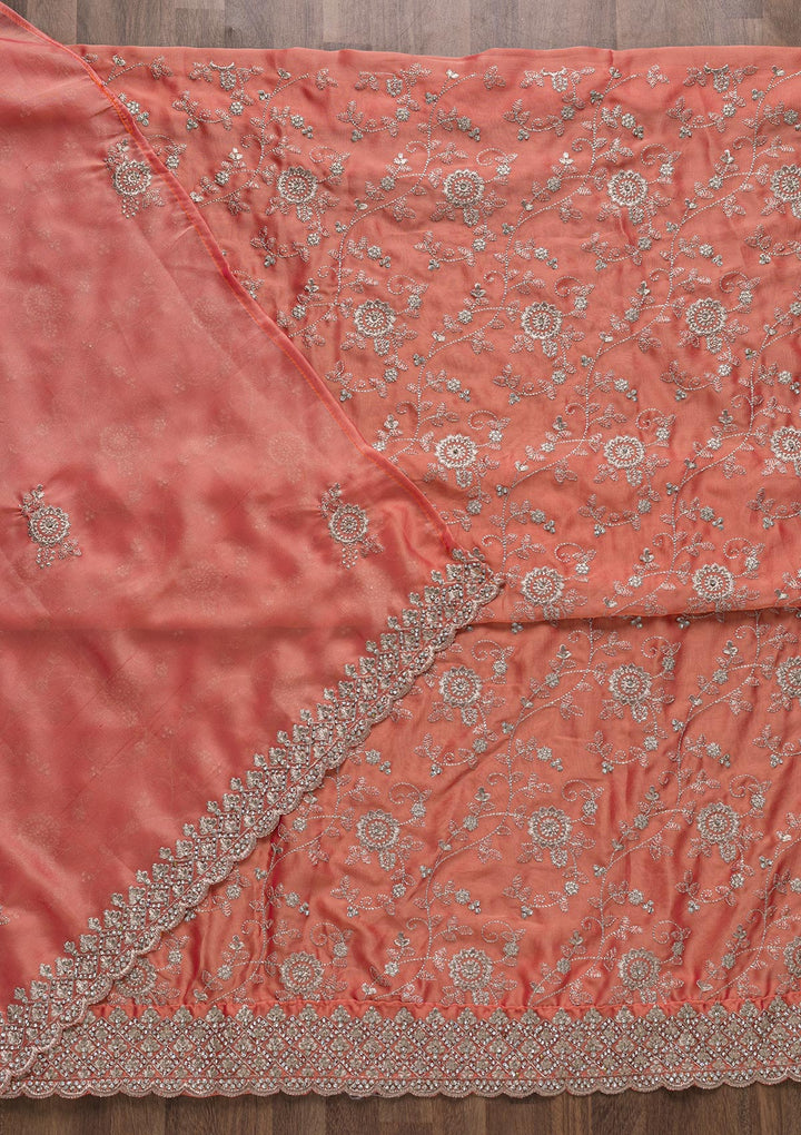 Peach Zariwork Satin Unstitched Salwar Suit-Koskii