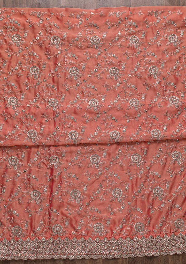 Peach Zariwork Satin Unstitched Salwar Suit-Koskii