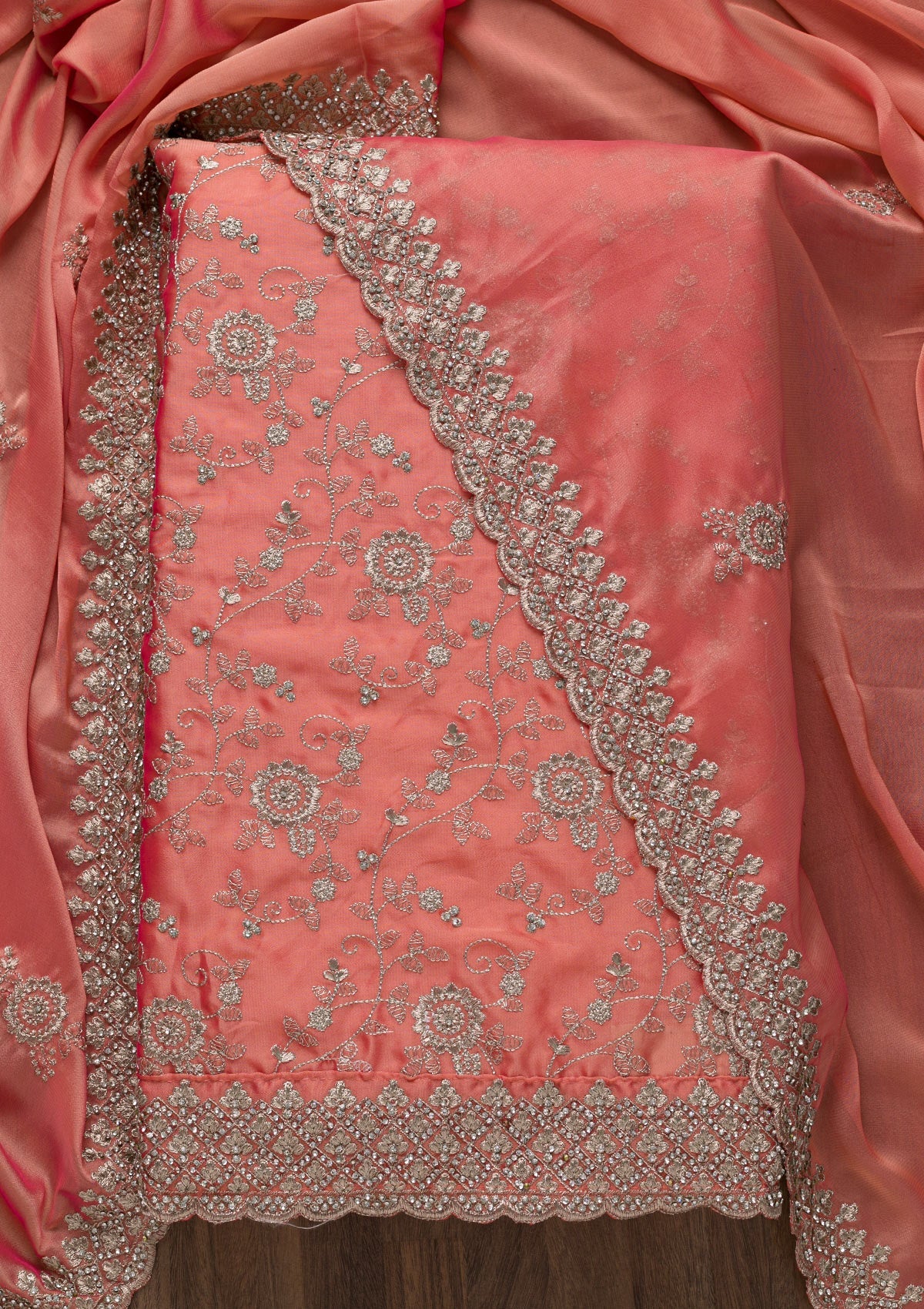 Peach Zariwork Satin Unstitched Salwar Suit-Koskii