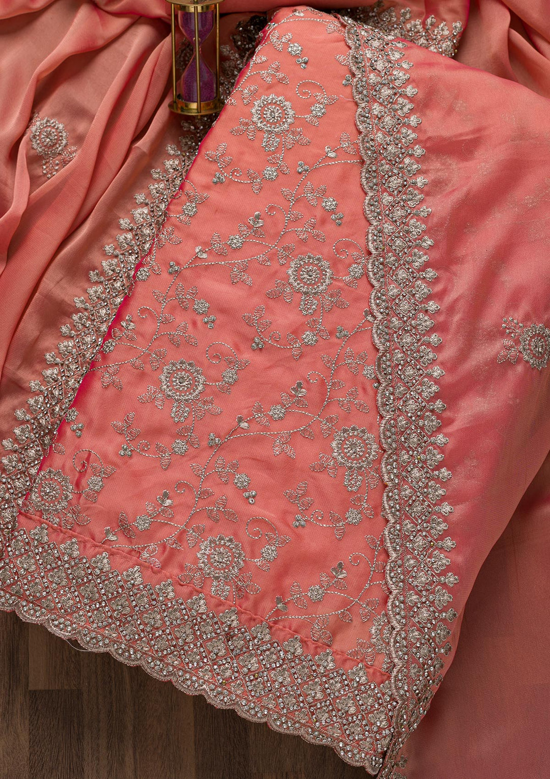 Peach Zariwork Satin Unstitched Salwar Suit-Koskii