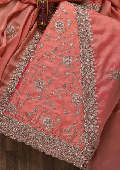 Peach Zariwork Satin Unstitched Salwar Suit-Koskii