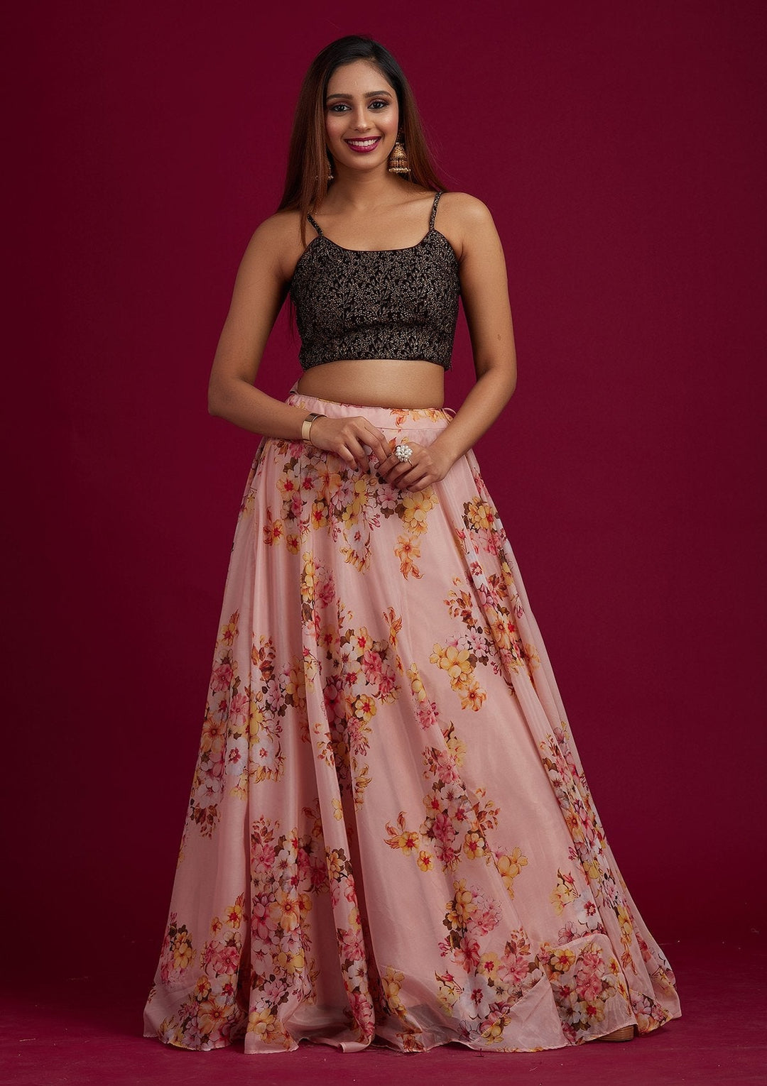 Peach Zariwork Semi Crepe Designer Lehenga - koskii