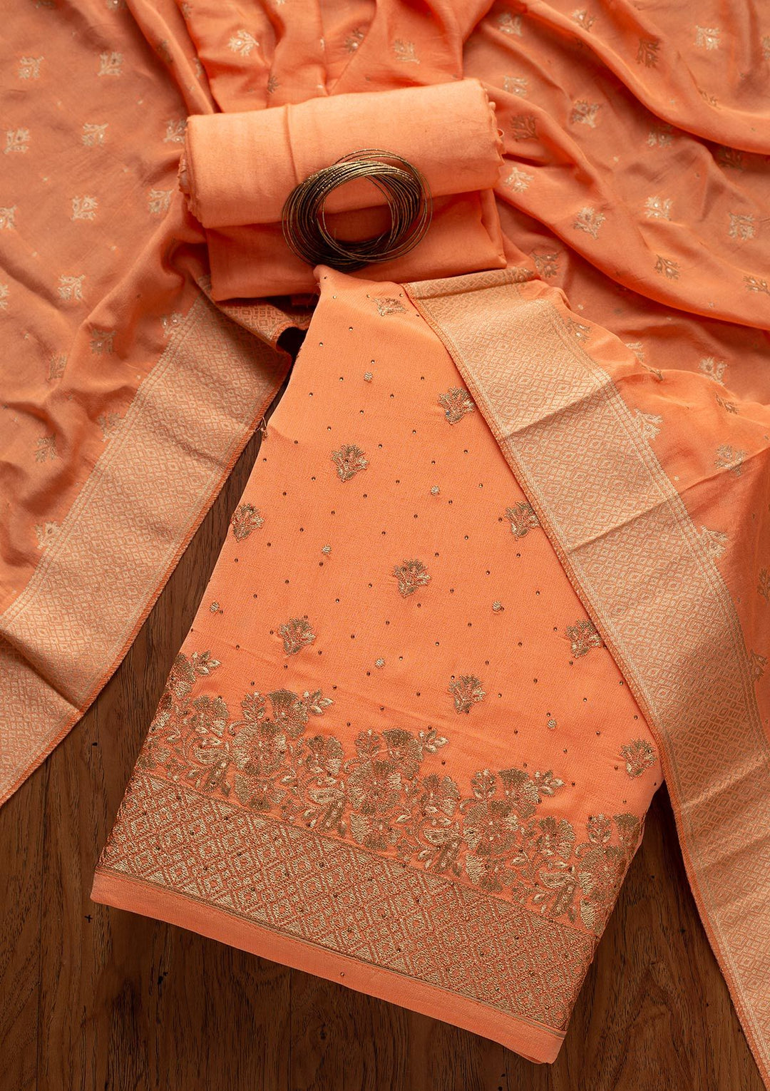 Peach Zariwork Semi Crepe Designer Unstitched Salwar Suit - koskii