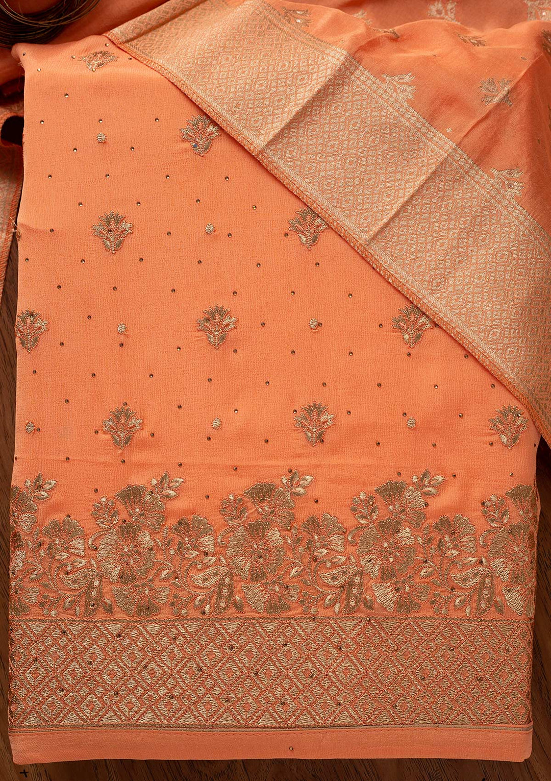 Peach Zariwork Semi Crepe Designer Unstitched Salwar Suit - koskii