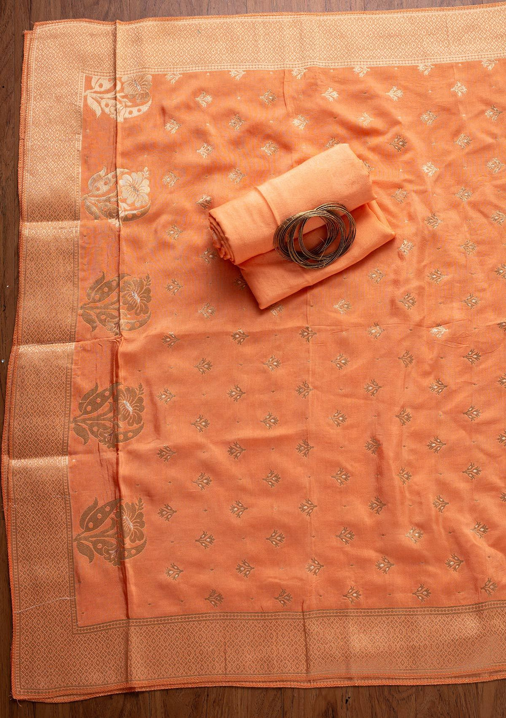Peach Zariwork Semi Crepe Designer Unstitched Salwar Suit - koskii