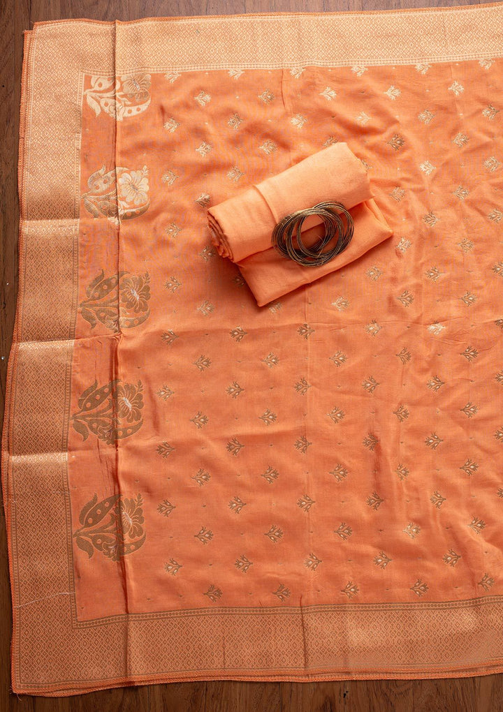Peach Zariwork Semi Crepe Designer Unstitched Salwar Suit - koskii