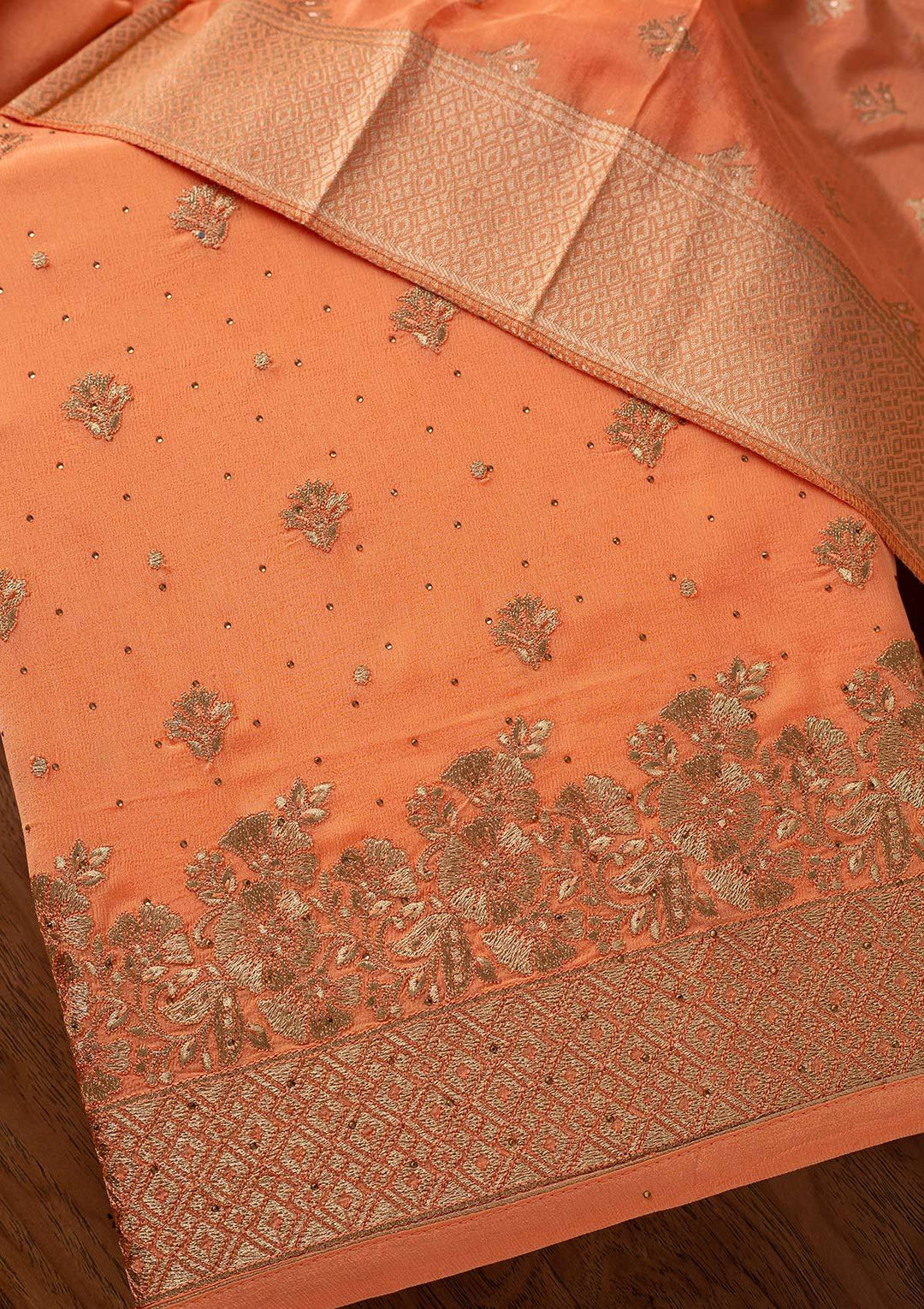 Peach Zariwork Semi Crepe Designer Unstitched Salwar Suit - koskii