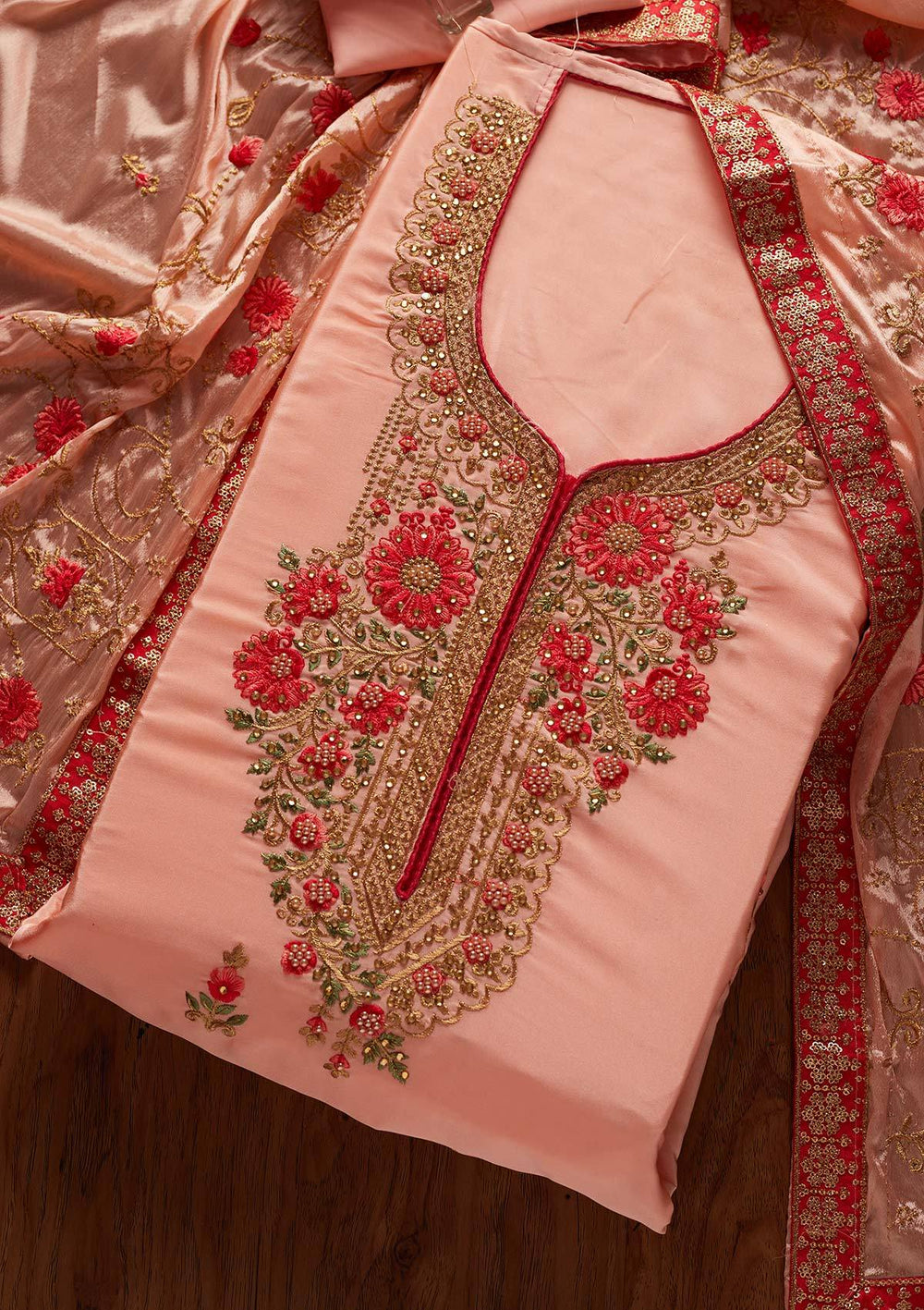 Peach Zariwork Semi Crepe Designer Unstitched Salwar Suit - koskii